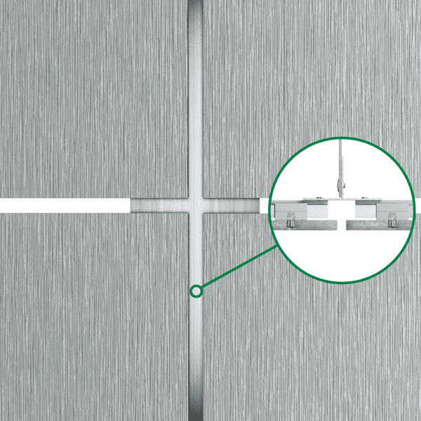 Nahaufnahme von strukturierten Metallpaneelen mit einem Einschub, der einen Querschnitt des Materials und seine Installationsdetails zeigt.