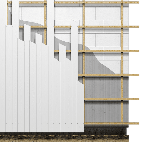 Illustration einer Gebäudefassade mit vertikalen Holzlatten, weißen Paneelen und einem Verlaufsmuster in Grautönen.